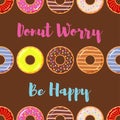 Seamless background with colorful donuts with glaze and sprinkles.