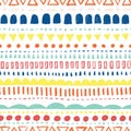 Seamless background colorful doodle scribble shapes. Kids pattern. Horizontal rows of wonky stripes, dots, triangles Royalty Free Stock Photo