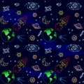 Seamless background with colorful earth, moon, satellites and rocket among different planets, galaxies and stars on a blue