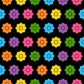 Seamless background with colorful flowers in flat design on black background. cartoon daisy