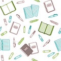 Seamless background with colorful outline of school supplies and office stationary