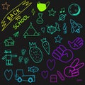 Seamless background with colorful rainbow hand drawn school elements in flat outline style and lettering on black chalk board. Con Royalty Free Stock Photo