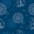 Seamless background with compass, ship and gull