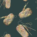 Seamless background with cotton colorful yarn and knitting needles. Creative craft work