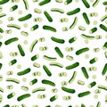 Seamless background from cucumbers. Whole cucumber, half, chopped, slices and cucumbers group. Fresh green cucumbers