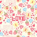 Seamless background with cup, diamond, hearts, strawberries, butterflies and love.