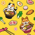 Seamless background of cute anime cat bath in bowl of ramen pattern