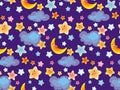 Seamless background cute cartoon sky with stars cloud and moon for kids and baby textile, digital paper and printable