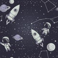 Seamless background with cute doodle astronauts, planets, rockets and stars Royalty Free Stock Photo