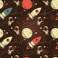 Seamless background with cute doodle astronauts, planets, rockets and stars Royalty Free Stock Photo