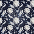 Seamless background with cute doodle astronauts, planets, rockets and stars Royalty Free Stock Photo