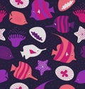 Seamless background with cute fishes, jellyfishes. Marine texture. pattern with sea creatures