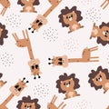 Seamless background with cute giraffes and lions. Decorative cute wallpaper for the nursery in the Scandinavian style. Suitable