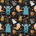 Seamless background with cute monsters. Seamless pattern with cute funny monsters. Kids background for posters, textile