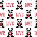 Seamless background with cute pandas and hearts. seamless panda bears and the word love Royalty Free Stock Photo