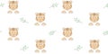 Seamless background with cute tiger cub face, paws and branches with leaves