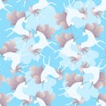 Seamless background with cute unicorns with manes in form of viburnum leaves frolic in blue sky among white clouds.