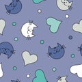 Seamless background with with decorative cats, hearts and polka dots