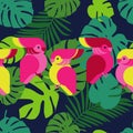 Seamless background with decorative parrots. Birds in the sky.