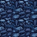 Seamless background of deep sea monsters and fish. AI generated Royalty Free Stock Photo