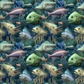 Seamless background of deep sea monsters and fish. AI generated Royalty Free Stock Photo