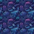 Seamless background of deep sea monsters and fish. AI generated Royalty Free Stock Photo