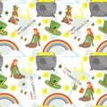 Seamless background for the St. Patricks Day holiday theme design Pot of gold coins rainbow of luck people in leprechaun costumes Royalty Free Stock Photo