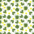 Seamless background for a St. Patricks Day themed design with randomly arranged clover leaves and gold coins