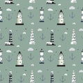 Seamless background with different Lighthouses isolated on grey background