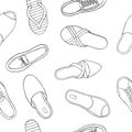 Seamless background of different shoes. .Hand draw doodle outline sketch. Vector Royalty Free Stock Photo
