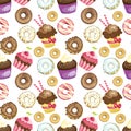 Seamless background with different sweets and desserts. tiled donuts and cupcakes pattern. Cute wrapping paper texture.