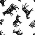 Seamless background of doodle drawings of profile silhouettes various farm animals