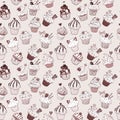 Seamless background with doodle sketch cupcakes in vintage style