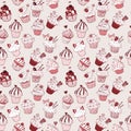 Seamless background with doodle sketch cupcakes in vintage style