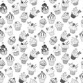 Seamless background with doodle sketch cupcakes on white background