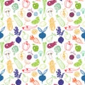 Seamless background with doodle vegetables and fruits. Vector sketch illustration