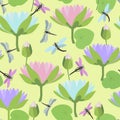 Seamless background with dragonflies and lotus flowers. Vector illustration.