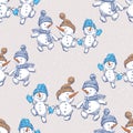 Seamless background of drawn cheerful snowmen friends