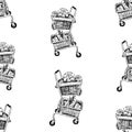 Seamless background of drawn full grocery cart with different foodstuffs Royalty Free Stock Photo