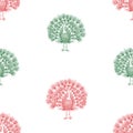 Seamless background of drawn red and green decorative peacocks Royalty Free Stock Photo