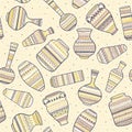 Seamless background with ethnic patterns on vases. Vector illustration.