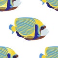 Seamless background, Exotic Fish emperor angelfish. In minimalist style. Cartoon flat vector Royalty Free Stock Photo