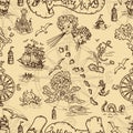 Seamless background with fantasy creatures and pirate treasure map elements Royalty Free Stock Photo