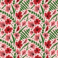 Seamless background with field flowers and herbs. Pattern with hand drawn poppy, grass and leaves. Vector floral texture