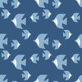 Seamless background. Fish swim in different directions . Flat Vector illustration on a blue background. Can be used as fabric,