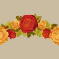 Seamless horizontal border with blooming roses and leaves_red n