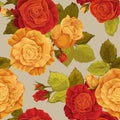 Seamless floral pattern with blooming roses and leaves_red n yellow roses Royalty Free Stock Photo