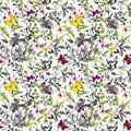 Seamless background - flowers, butterflies. Meadow floral pattern. Watercolor