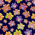 Seamless background with flowers, orchids - butterflies. Seamless pattern, vector illustration on blu background.