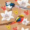 Seamless background with flowers and pheasants